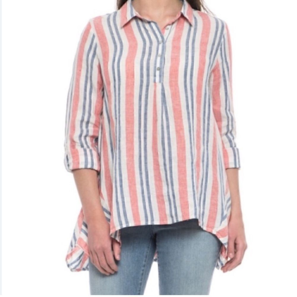 Artisan NY 100% Linen Nautical Patriotic Striped Tab Sleeve Tunic Blouse